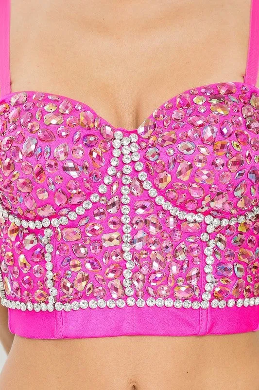 Fuchsia Rainbow Rhinestone Pattern Stone Bustier